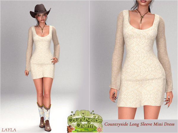 Alpha tsr Layla Countryside Long Sleeve Mini Dress - The Sims 4 Custom Content
