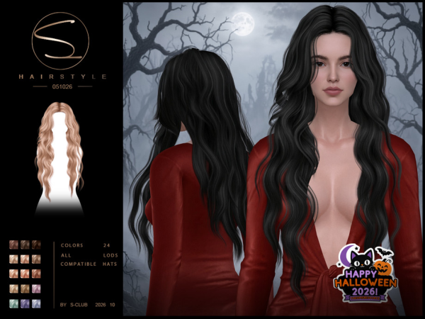 Sims 4 S-CLUB long wavy hairstyle Happy Halloween by S-Club