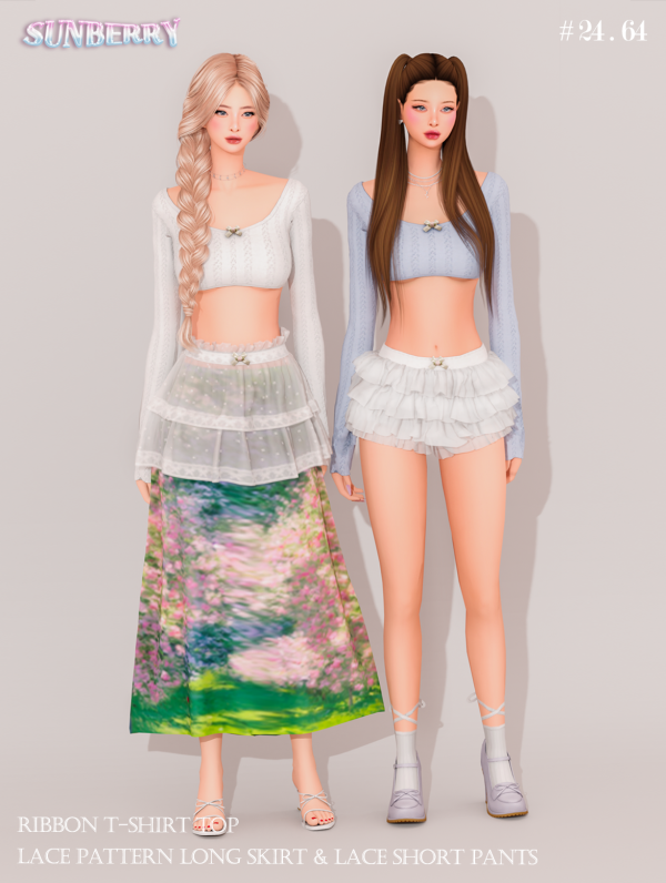 Alpha [SUNBERRY]2464_Ribbon top Lace skirt pants SET by simsfinds - The Sims 4 Custom Content