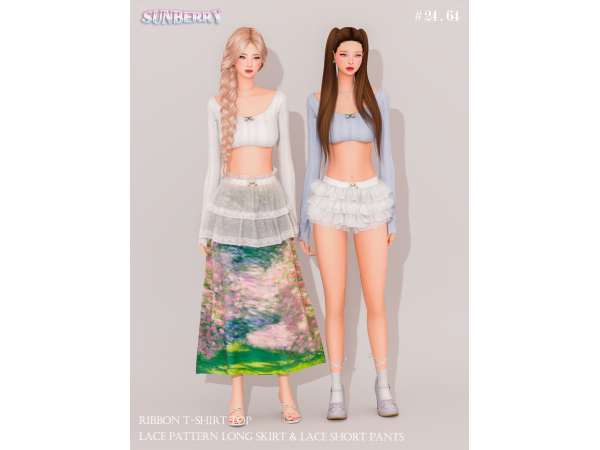 Sims 4 [SUNBERRY]#24.64_Ribbon top & Lace skirt & pants SET