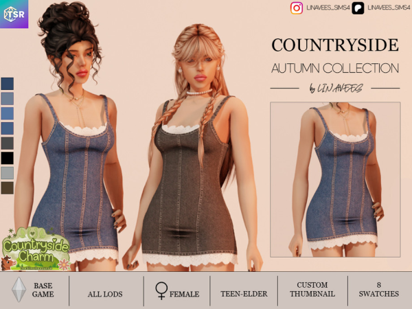 Sims 4 COUNTRYSIDE CHARM - DENIM DRESS WITH LACE by linavees