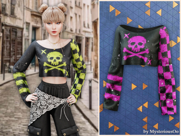 Alpha Punk skull graphic crop top by MysteriousOo - The Sims 4 Custom Content