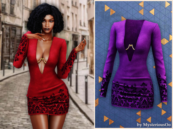 Sims 4 Velvet damask plunge mini dress by MysteriousOo