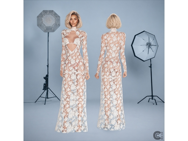 Sims 4 Sheer-Lace High-Neck-Cutout Maxi Gown