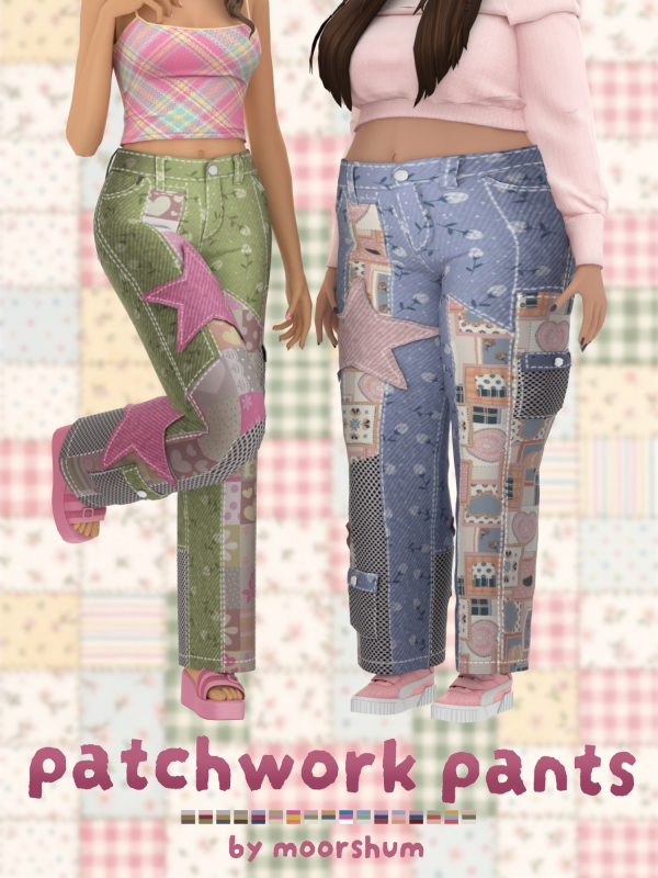 Maxis Match patchwork pants commission by simsfinds - The Sims 4 Custom Content