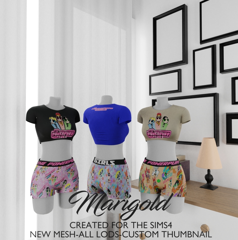 Alpha MARIGOLD TS4_ Powerpuff Girls Girl Power PJ Short Set by marigoldsims - The Sims 4 Custom Content