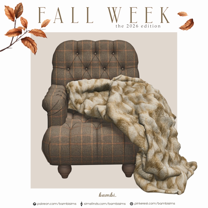 Alpha fall week ( 2026 edition ) tufted chair faux fur blanket by bambisims - The Sims 4 Custom Content