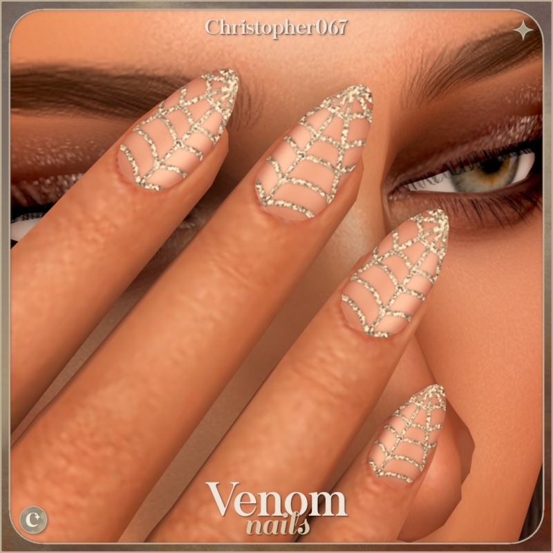 Mix Venom Nails Almond Shaped Glitter Spiderweb Nails by christopher067 - The Sims 4 Custom Content